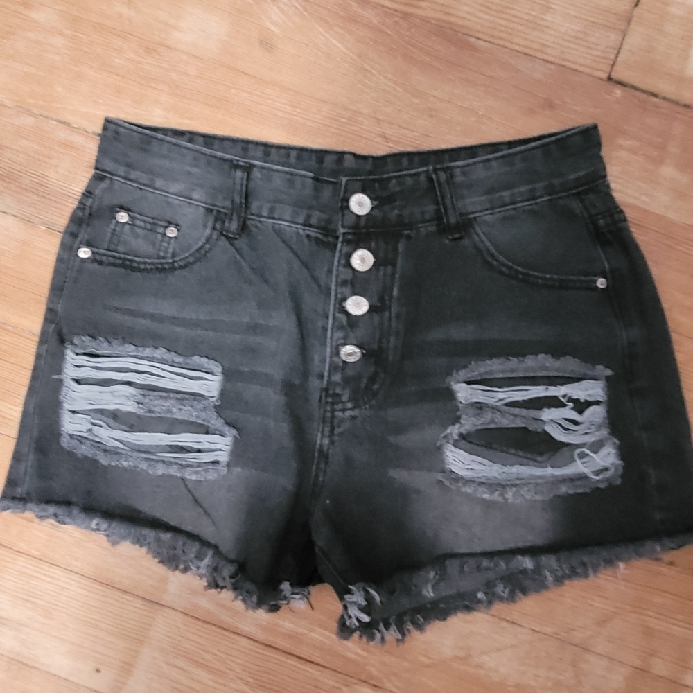 Denim button fly distressed destroyed frayed shorts women's size large L